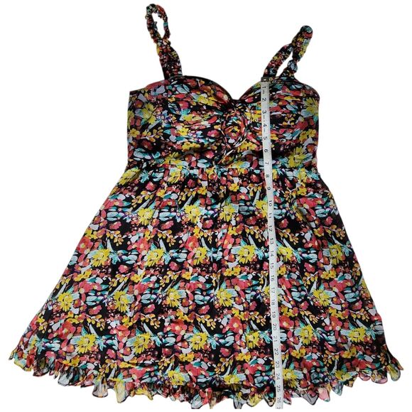 Rampage Black Yellow Pink Floral Sleeveless Sweetheart Babydoll Mini Dress Sz 9 - Picture 9 of 10